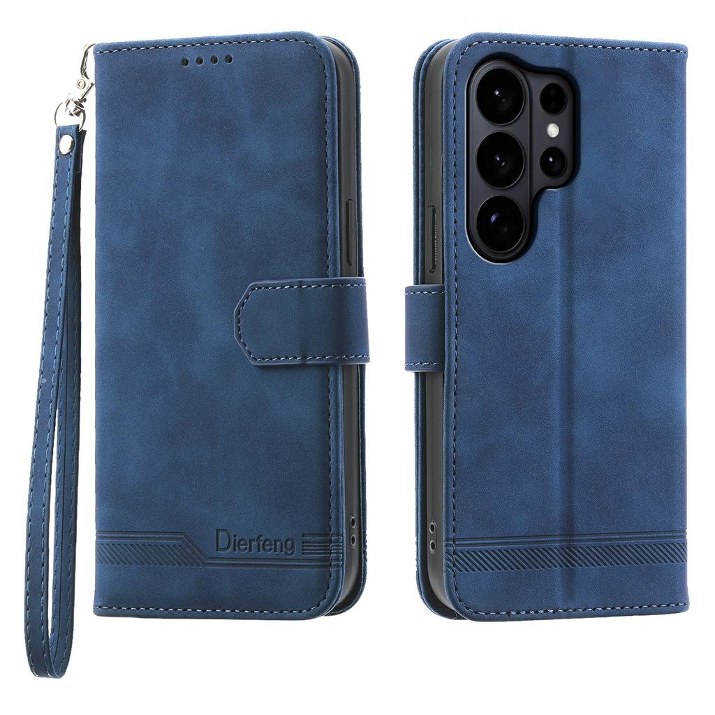 DIERFENG DF-03 For Samsung Galaxy S26 Ultra Case Lines Imprint Wallet Leather Phone Cover with Wrist Strap
