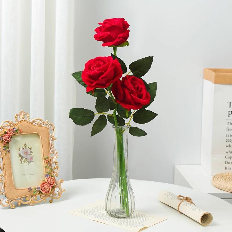 Rosa Artificiale, Singola Rosa di Velluto, Bouquet Finto, Decorazione per la Casa, Composizione Floreale da Tavola, Decorazione con Fiori Secchi