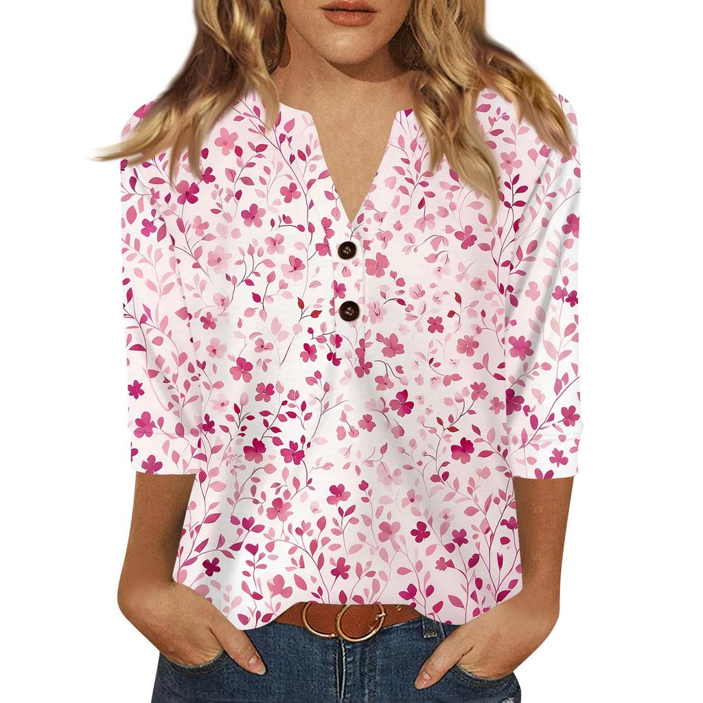 Women's T Shirt Print Button 3/4 Sleeve Daily Weekend Fashion Basic V- Neck Regular Top