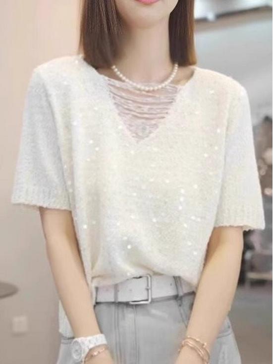 Plus Size 2025 Sequin V-Neck Knit Top - Loose Fit, Short Sleeve, Stylish Hollow Design