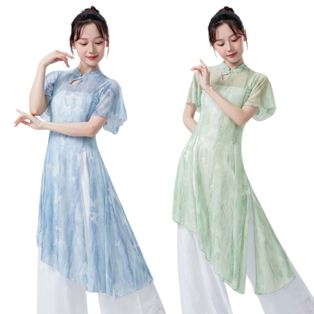 Cheongsam Neck Classical Dance Top Split Hem Dance Mesh Top Fashion Performance Dancewear Women