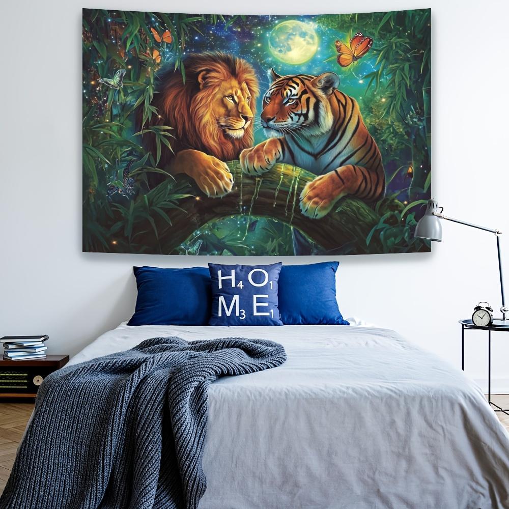 Enchanting Jungle Safari Tapestry with Lions and Tigers - Vibrant Polyester Wall Hanging, Mystical Moonlit Scene for Living Room 100X70CM