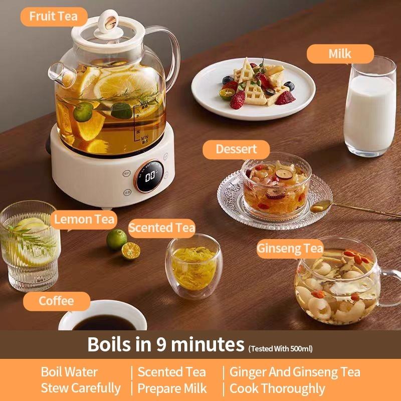 Bouilloire Bien-être Entièrement en Verre Grande Capacité 1,2L Bouilloire Santé à Température Constante Théière à Fleurs Multifonctionnelle Ménagère