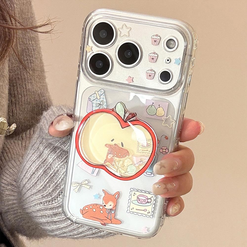 Red Apple Deer Rocking Stand 16 Pro Max Phone Case for IPhone 17, 12 Transparent, 15 Cartoon Series