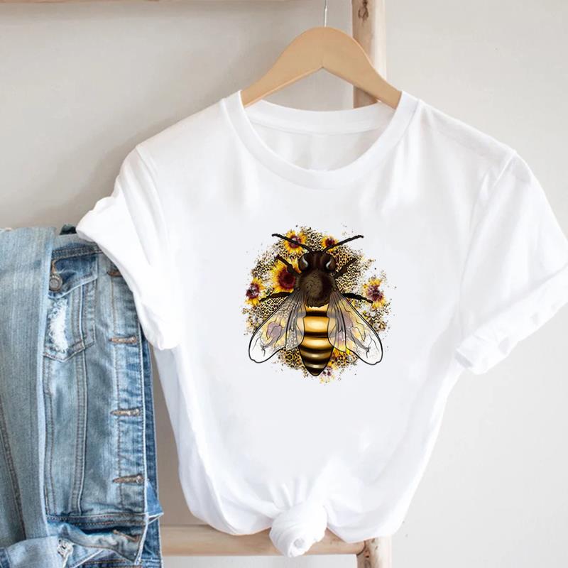 (European Size) Floral Lovely Clothing Casual Tee Bee Trend Cute Top Fashion T Shirt Short Sleeve Women Print Lady Female O-neck Graphic T-shirt