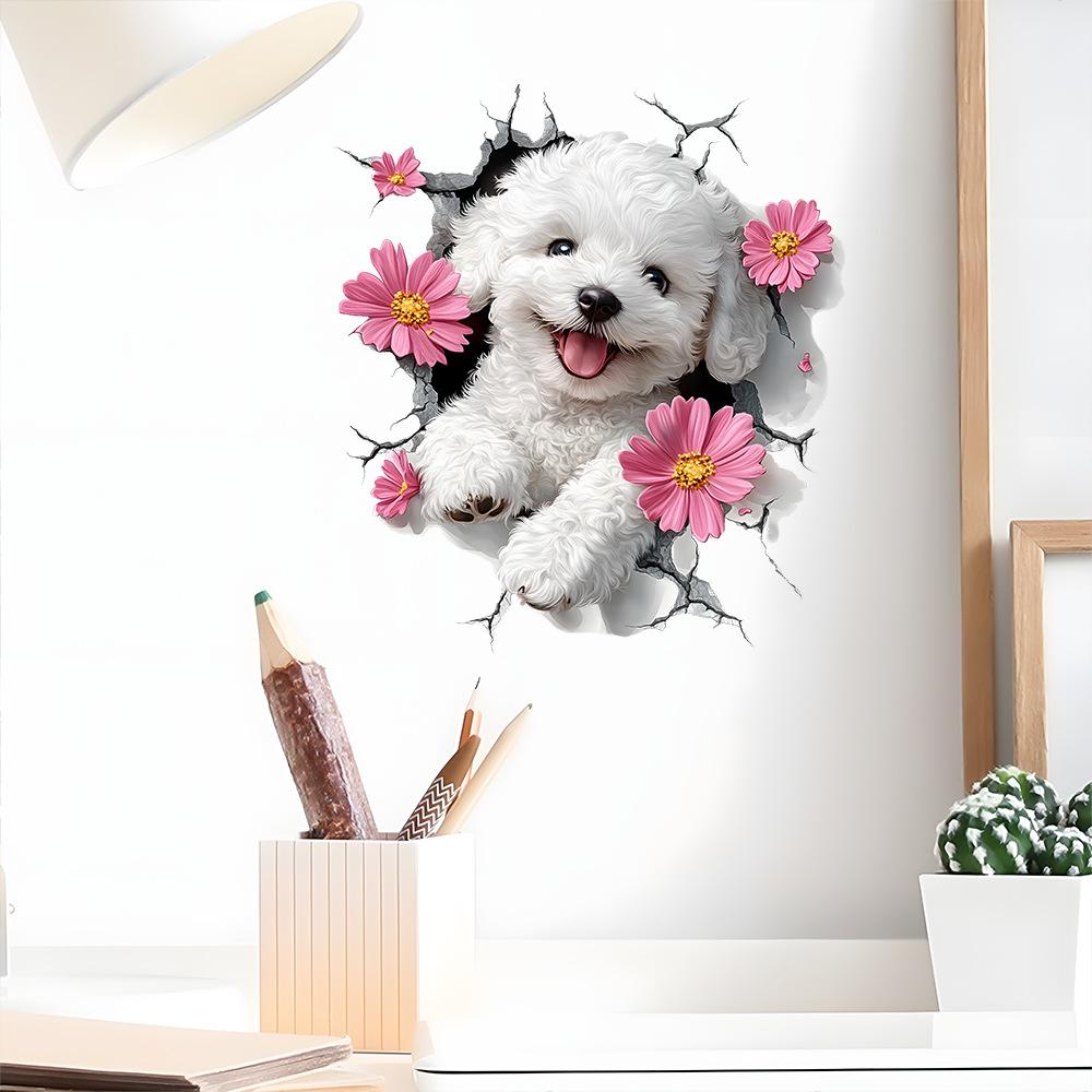 Lovely Dog & Floral Pattern Wall Decals Self-Adhesive Sticker for Living Room Bedroom Entryway Decor