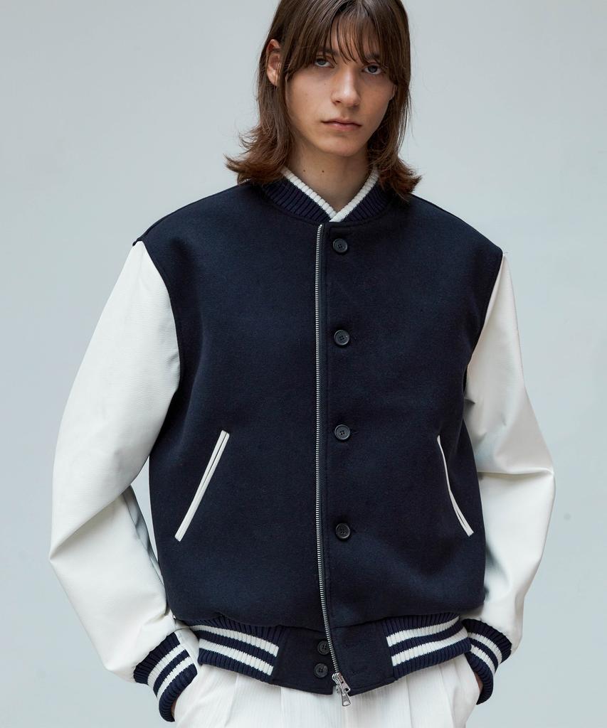 Trip Le Sens Double Button Zipper Wool Varsity Jacket_Red
