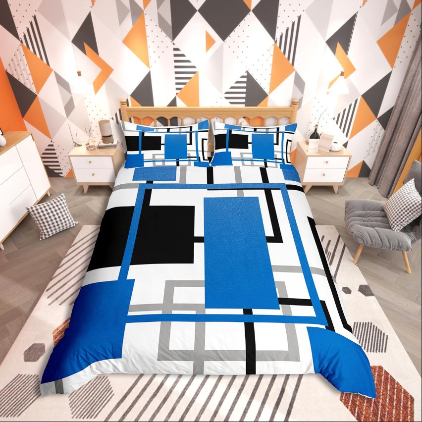 Homewish Geometric Rectangle Stripes Duvet Cover Set,Mid Century for Teens Bedding Set,Abstract Vintage Decor