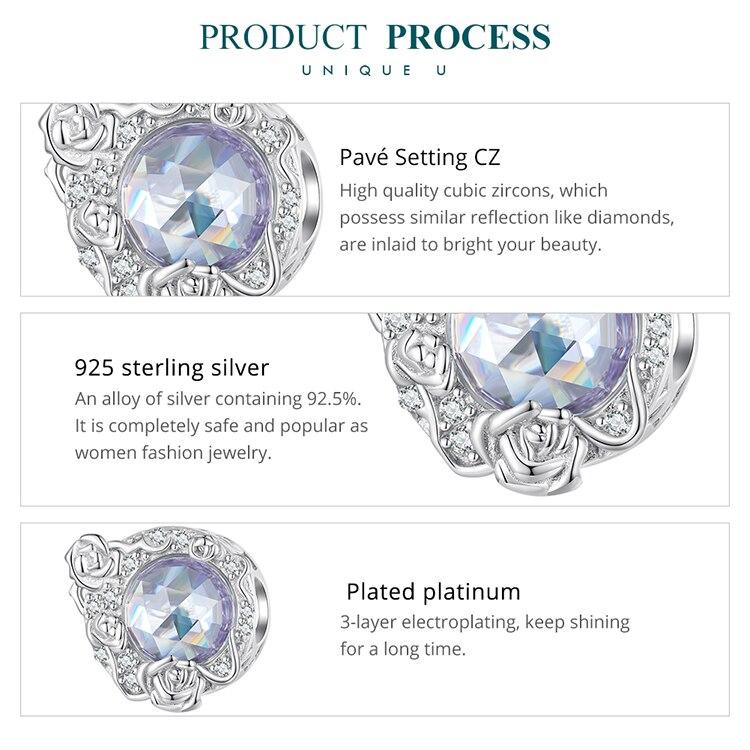 BAMOER 925 Sterling Silver Purple Stone Rose Vine Bead Hollow Rose Pattern Charms for Women Original Bracelet Bangle
