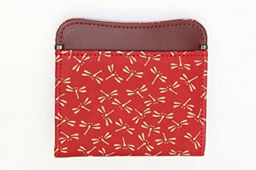 Inden Yushichi Uehara Genuine Leather with Card Coin Purse with Four Sides Model Number Red Background X White Dragonfly Genuine Made In Japan