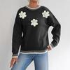 Color-blocking and Patchwork Casual Pullover Loose Sweater, Three-dimensional Flower Embroidery Beaded Women's Top