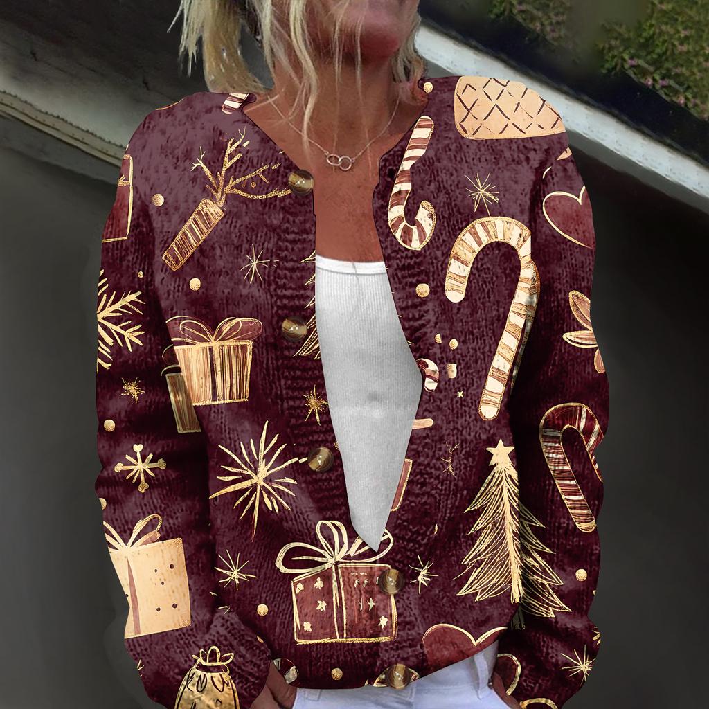 Damemote juletrykt langermet strikket cardigan-jakke med knapp