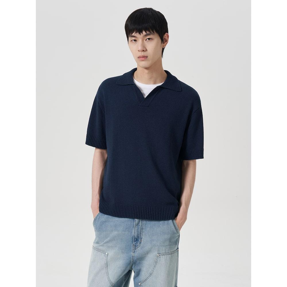 8Seconds Typography Open Collar Short Sleeve Knit Navy Navy/M