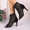 2026 New Fashionable Large Size High Heels Mesh Hollow Sexy Sandals Trendy Lace up Cloth Face Fish Mouth Boots Women Shoes