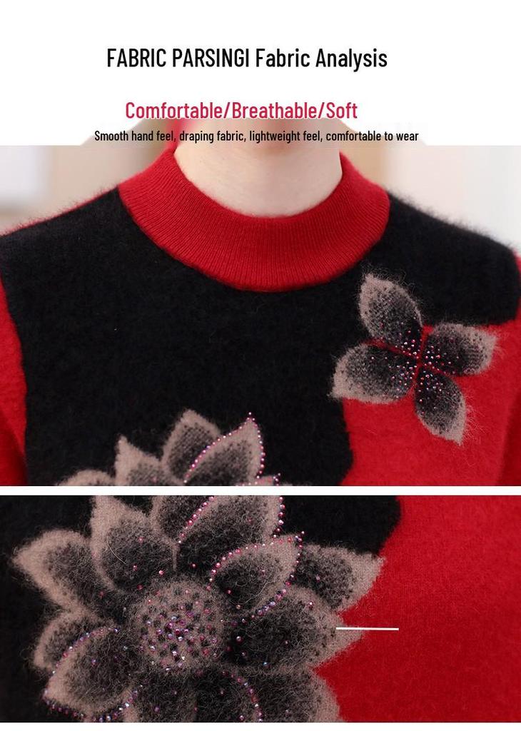Women's Plus Size Knit Sweater - Velvet Thickened Base Layer for Middle-Aged & Elderly, Autumn/Winter Loose Fit.
