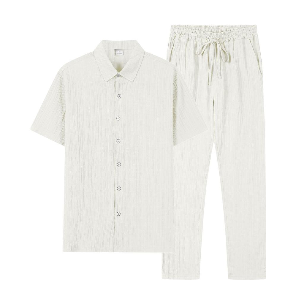 Men's Summer Hawaiian Stripe Textured Button Shirt Trousers Set