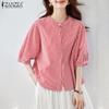 ZANZEA Women Summer Round Neck Half Sleeve Casual Stripe Blouse