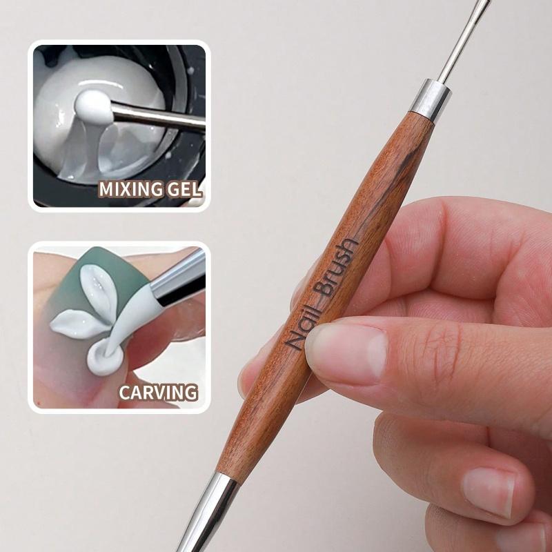 1Pc Wood Handle Double Head Nail Mixing Gel Pen, Silicone Nail Carving Pen, Soft Rubber Tip for Powder Application