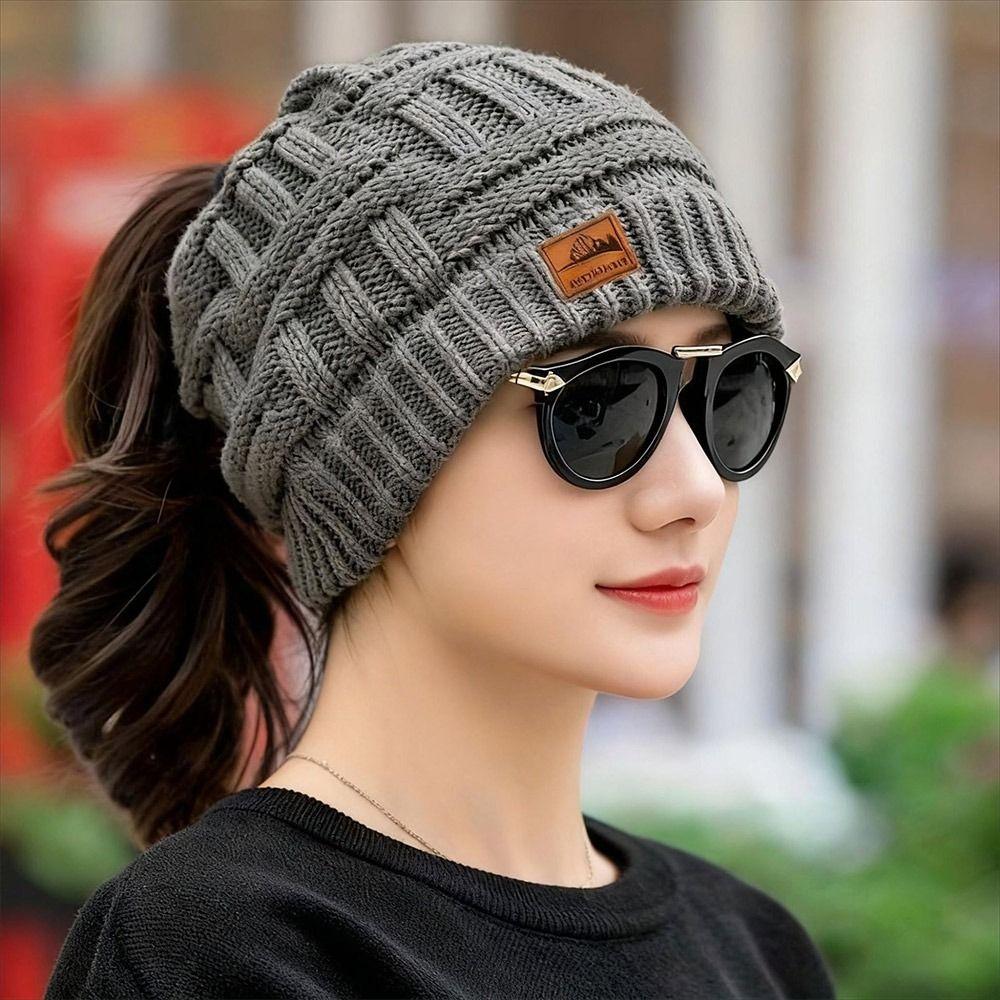 Fashion Crochet Ponytail Winter Hats Knitted Solid Color Knitted Cap Warm Ear Protection Women's Hat Autumn