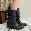 Cowhide Version~ Belt Buckle Pleated Medium Boots Women's Summer Wear Retro Side Zipper Old Trousers Western Cowboy Boots