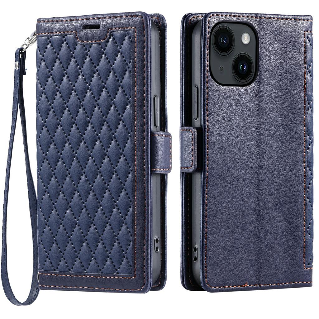 For iPhone 14/13 Leather Case Rhombus Texture Wallet Stand Phone Cover with Wrist Strap