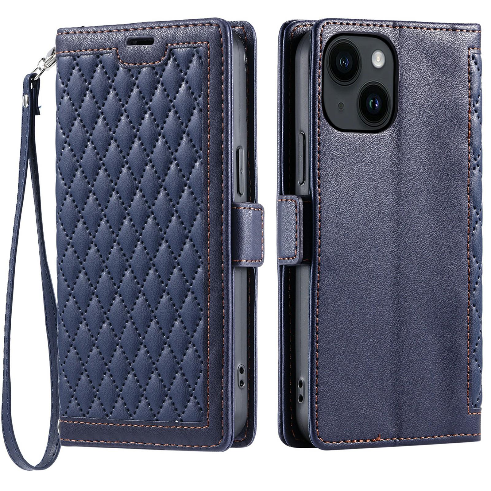 

For iPhone 14/13 Leather Case Rhombus Texture Wallet Stand Phone Cover with Wrist Strap Blue