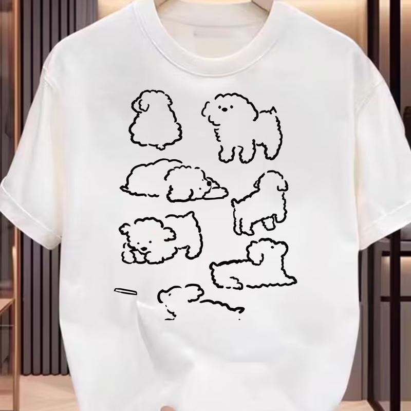 Kawaii Simple Dog Silhouette Graphic T-Shirt Women s Loose Casual Tee Cute Puppy Sketch Print Summer Crewneck S