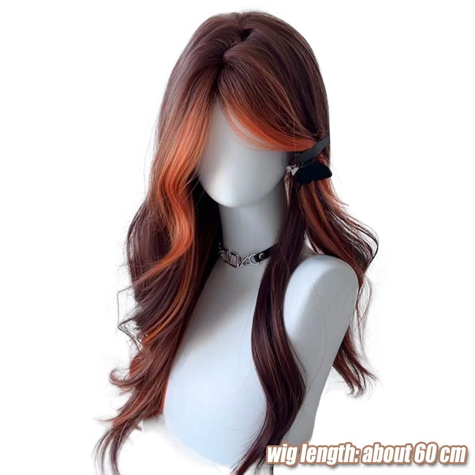 Red Fox Highlights Long Synthetic Wig Female Lolita Daily Red-brown Highlights Dirty Orange Bangs Big Wave Party Wig