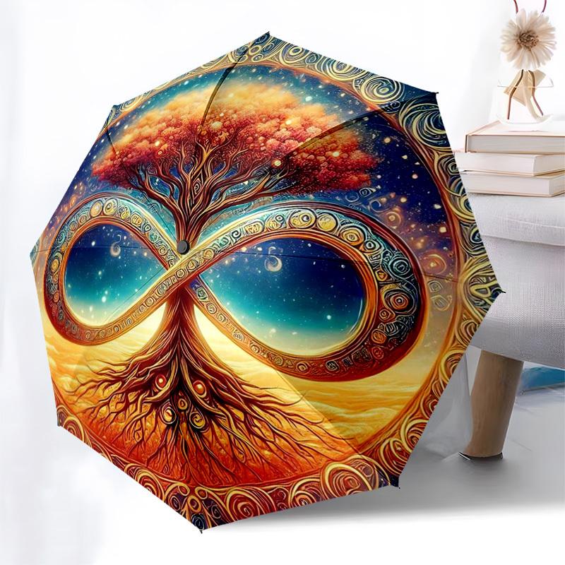 

1pc Eternal Tree of Life Infinity Symbol Automatic Opening Folding Umbrella - Portable 3-Fold Design with 8-Bone Iron Frame, Outdoor, Gift for Fans, T
