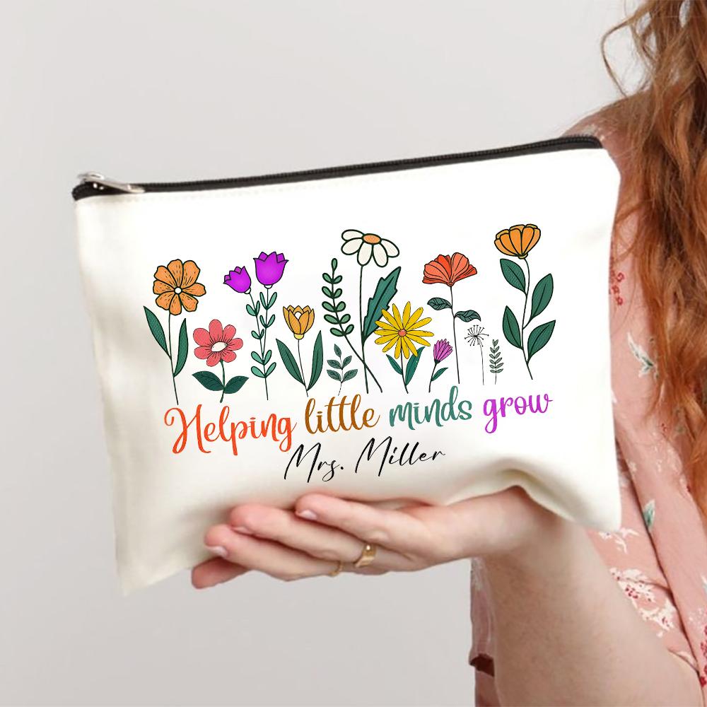 Thank You for Helping Me Grow Custom Name Makeup Bag Personalised Pencil Bags Travel Toiletries Storage Pouch Gifts for Teacher