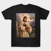 Men Black Print T-shirt Jesus Holding Dinosaur No-Cut Transfer Paper Print Cotton Tshirt