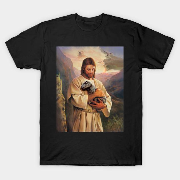 

Men Black Print T-shirt Jesus Holding Dinosaur No-Cut Transfer Paper Print Cotton Tshirt 4XL чорний