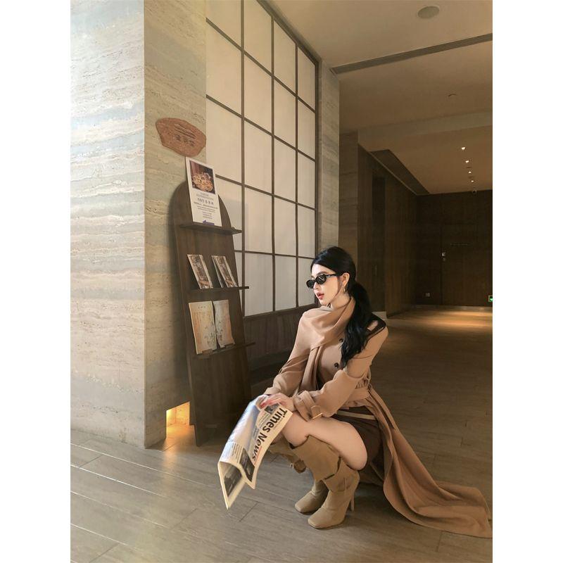 Kumikumi Fancy Pure Color Elegant Asymmetrical Long Sleeve Trench Coat Women's Clothing Autumn Slimming Easiest for Match Tops