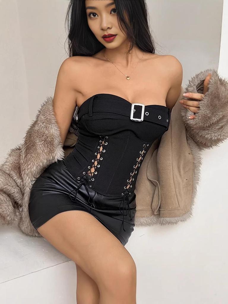 Sexy Cross-Strap Corset Bustier with Lace-Up Belt and Buckle