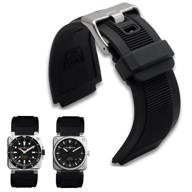 Konvexní silikonový gumový řemínek k hodinkám pro řadu Bell BR01 BR03 Pánský náramek Vodotěsný náramek Pásek Ross Černý 33 * 24 mm