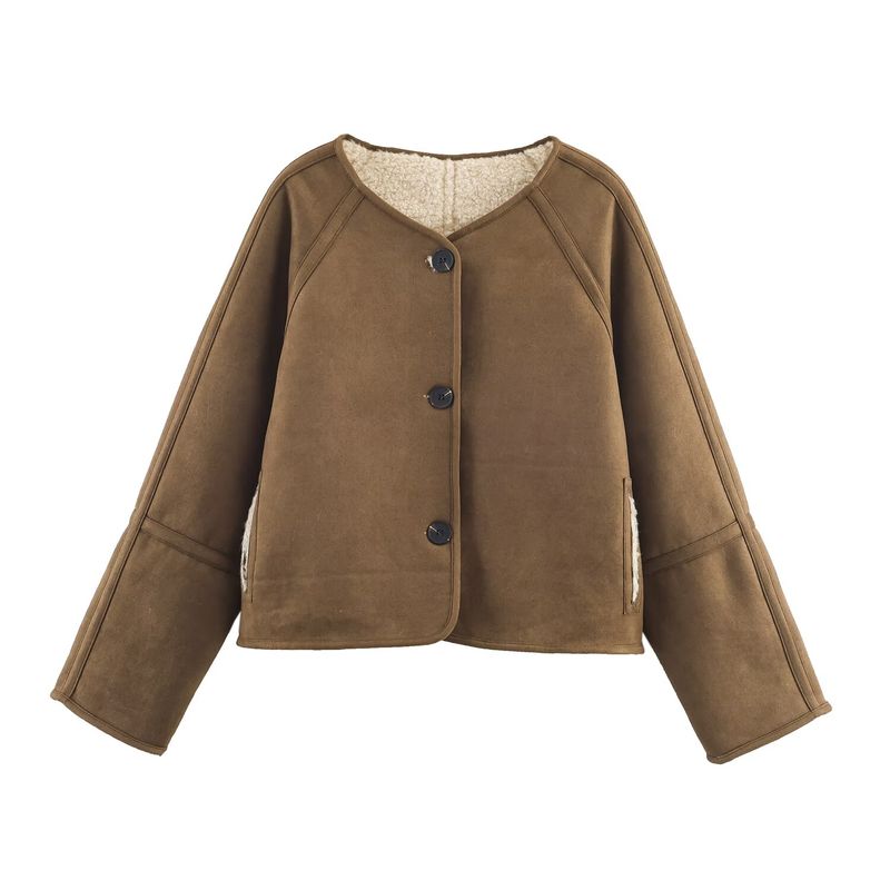 

За Новая осенняя женская одежда 2025 Модный стиль Корейский стиль Меховое пальто короткое свободное из искусственного меха ягненка толстое Coffee Green All yards