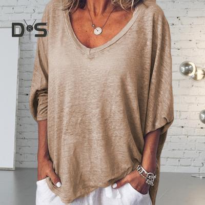 Damen T-Shirt V-Ausschnitt 3/4 Fledermausärmel Pullover Tops Einfarbig Lockere Passform Dünne T-Shirts Atmungsaktiv Leichte T-Shirts