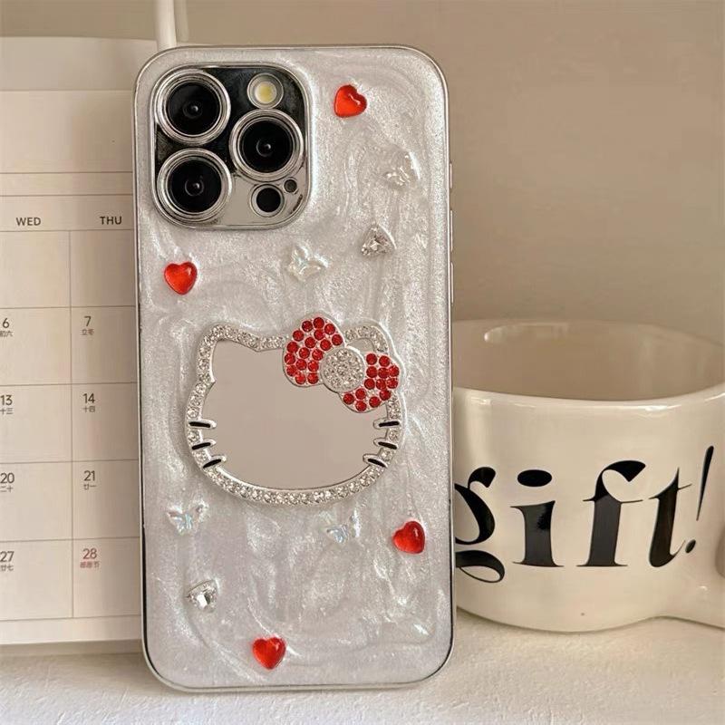 Rhinestone glass Kt cat mirror mobile phone case for Iphone17Promax Epoxy glitter Apple 16 women