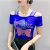 Summer Women Bow Letter Shiny Hot Diamonds T-Shirt Sexy Off Shoulder Slim Top New Chic Short Sleeve Tees Shirts