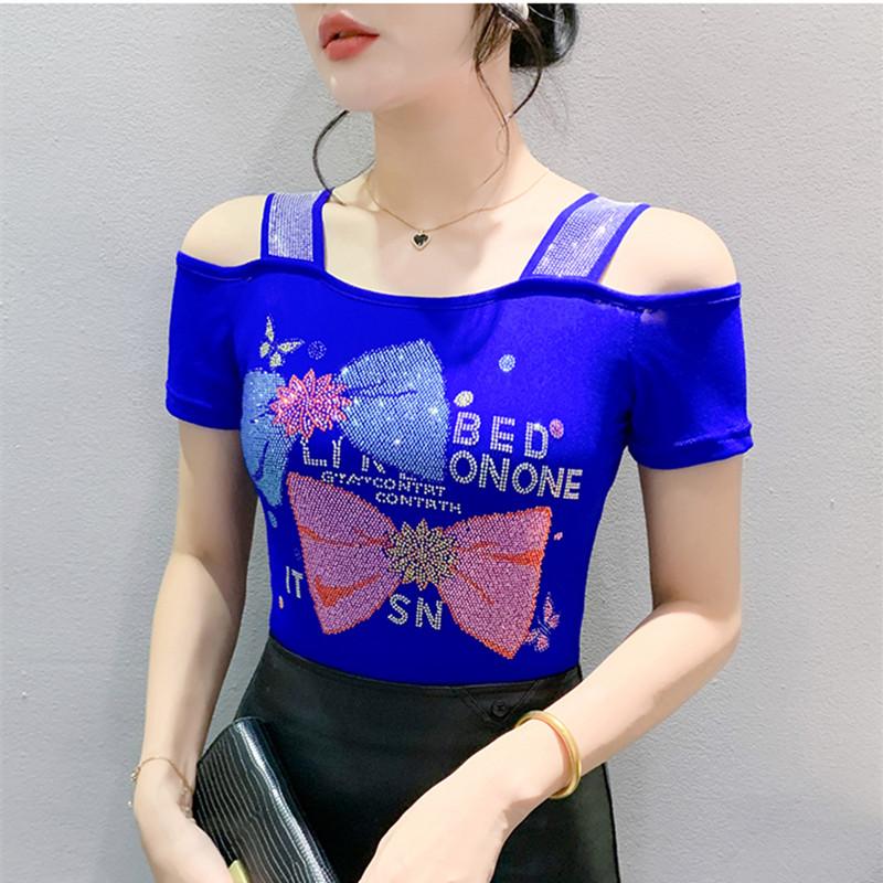 Summer Women Bow Letter Shiny Hot Diamonds T-Shirt Sexy Off Shoulder Slim Top New Chic Short Sleeve Tees Shirts