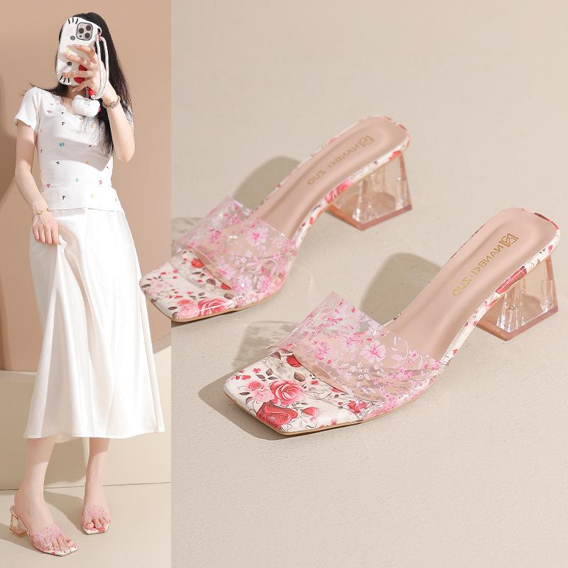 Large Size Thick-heeled Cool Slippers for Women's Outer Wear Summer New Fashion Printed Open-toed High-heeled Slippers