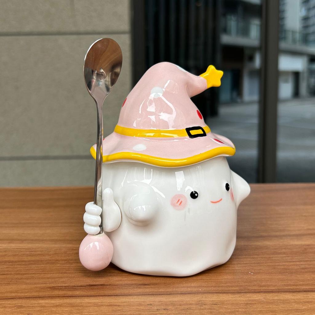 Tag des Lehrers Geschenk Niedlicher Rosa Geist Becher mit Deckel Keramik Wasserbecher Mädchen Geburtstag Praktischer Kreativer Becher