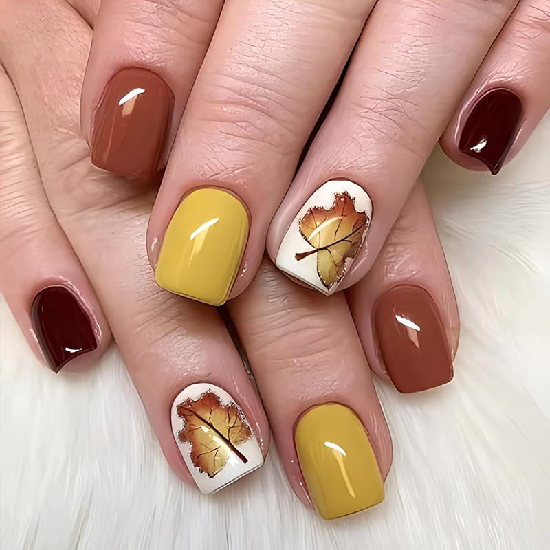 Fall Leaf Press on Nails Thanksgiving Pumpkin False Nails with Design Medium Square Artificial Stick on Nail Glossy Autumn Maple Leaves Acrylic Glue