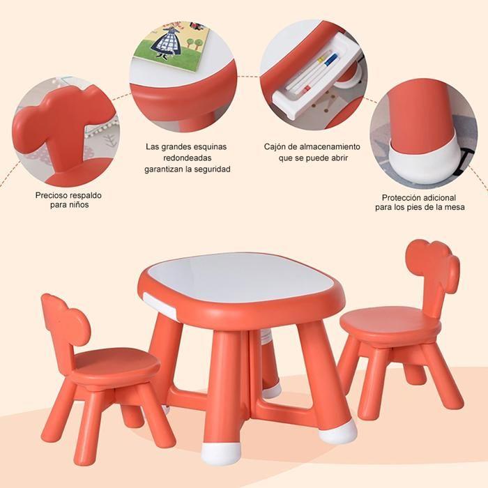DEVESSPORT Children's Desk Set Table & 2 Coral Red Chairs, Writable Whiteboard, Multifunctional, From 12 Months