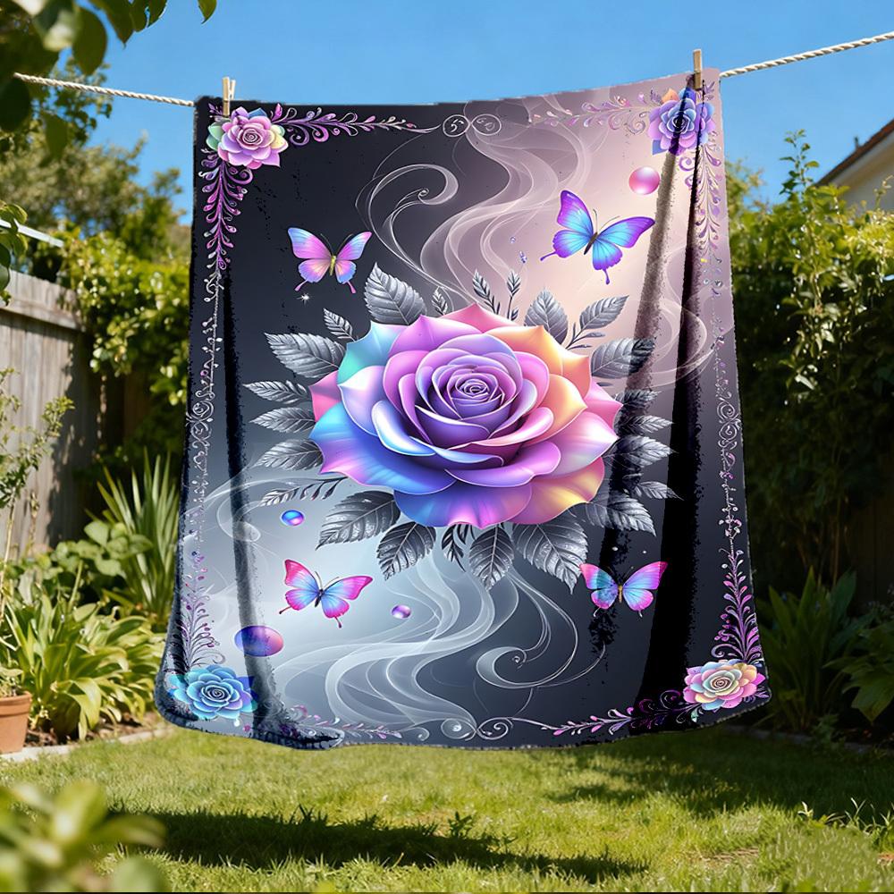 1pc Rose Butterfly Throw Blanket Polyester Fiber, Lightweight Flannel, Soft & Warm, All Season Use for Outdoor, Camping