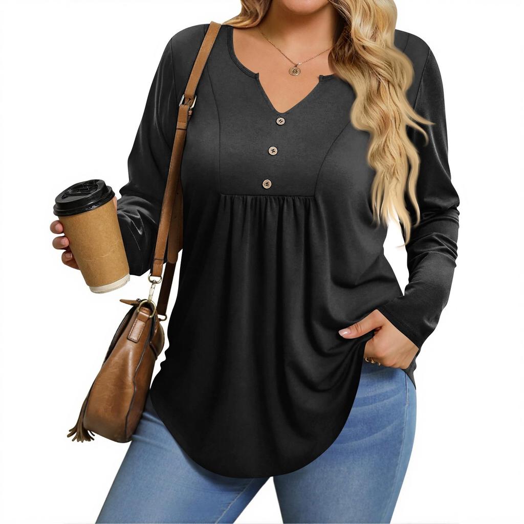 Womens Plus Size Long Sleeve Shirts  V Neck Tunic Tops Basic Loose Fit Tee Tops