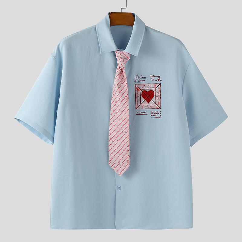 INCERUN Oversized Men Casual Lapel Tie Neck Short Sleeve Print Shirts Tops