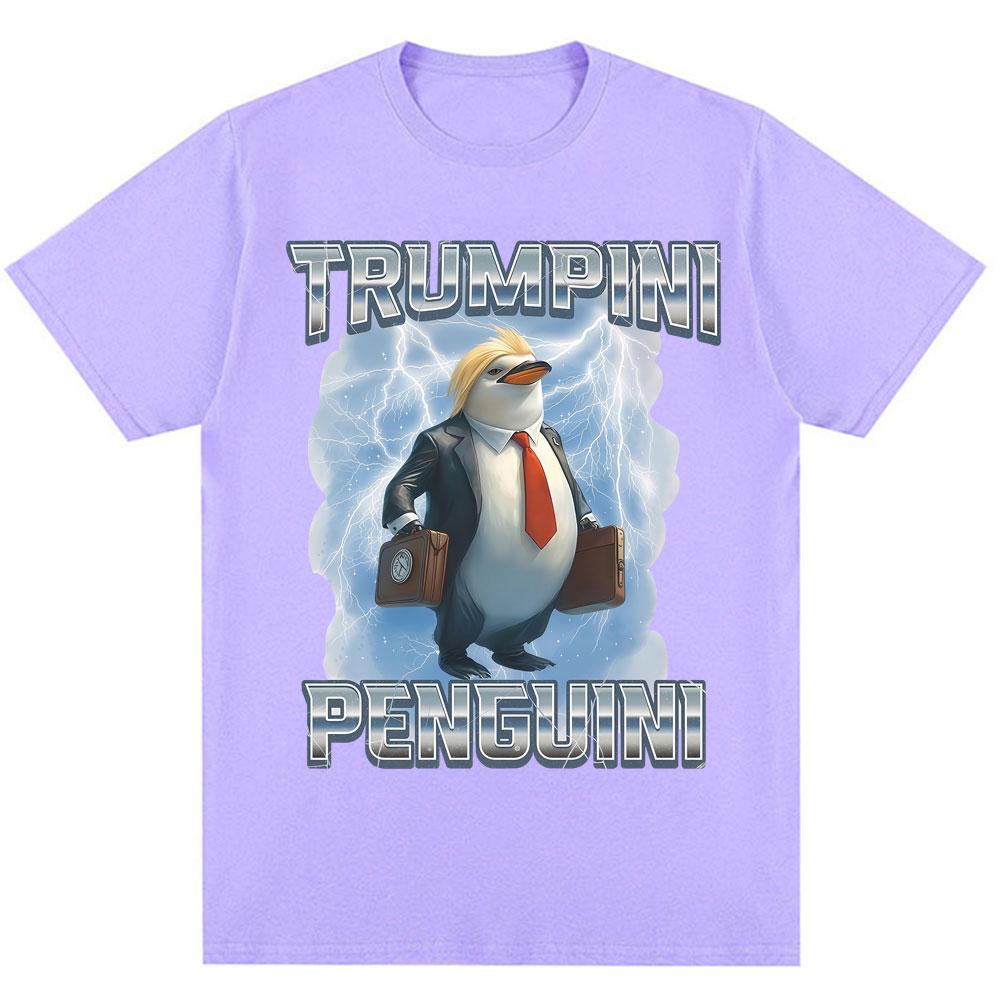 Funny Trumpini Penguini Meme Print T Shirt Italian Brainrot Humor Trendy Short Sleeve Men Women Loose Cotton T-Shirts Streetwear