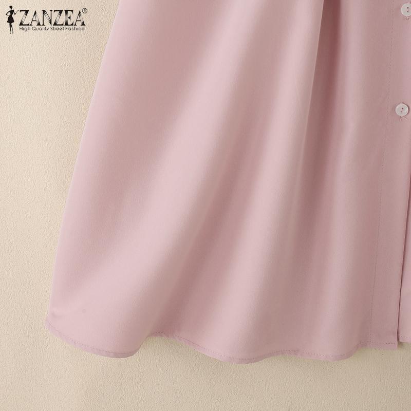 ZANZEA Womens Casual Turn Down Collar Loose 3/4 Sleeve Midi Dres