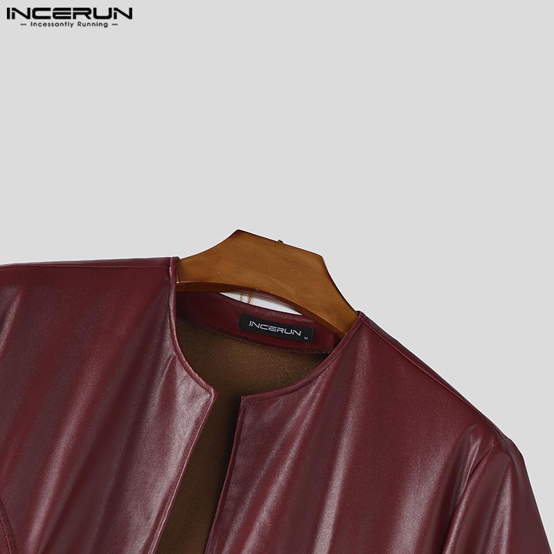 INCERUN Men Short Sleeve PU Open Front Faux Leather Long Cardigan Coats
